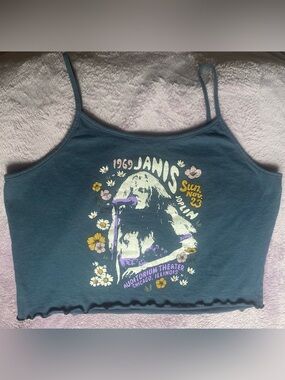 Janis Joplin Graphic Crop Tank Top Teal Lettuce Hem Y2K Boho